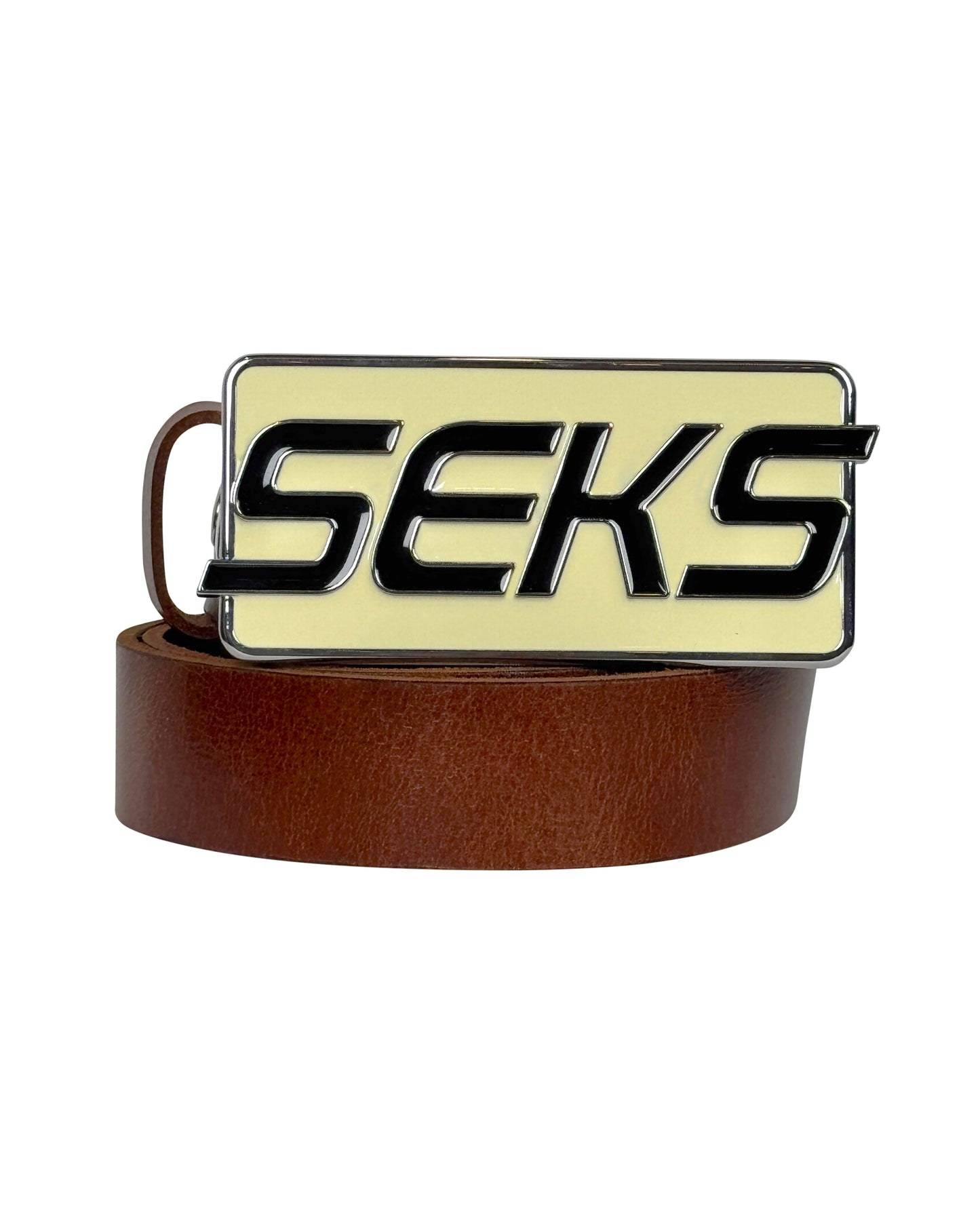 Cream SEKS Enamel Text Belt Brown