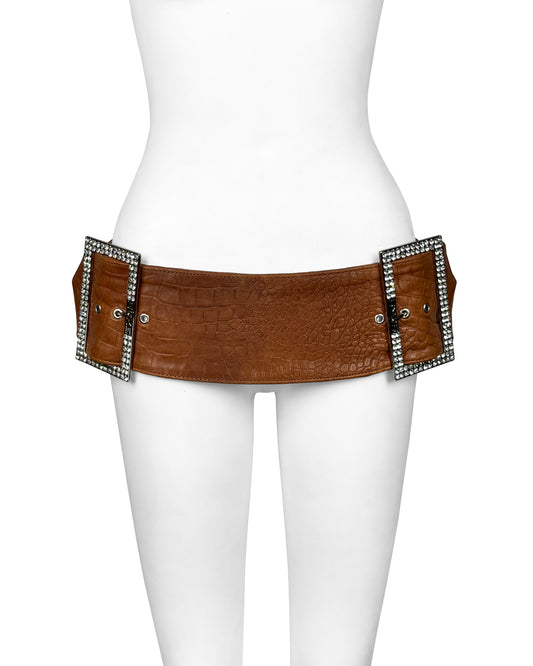 Brown Leather Big Buckle Belt Skirt