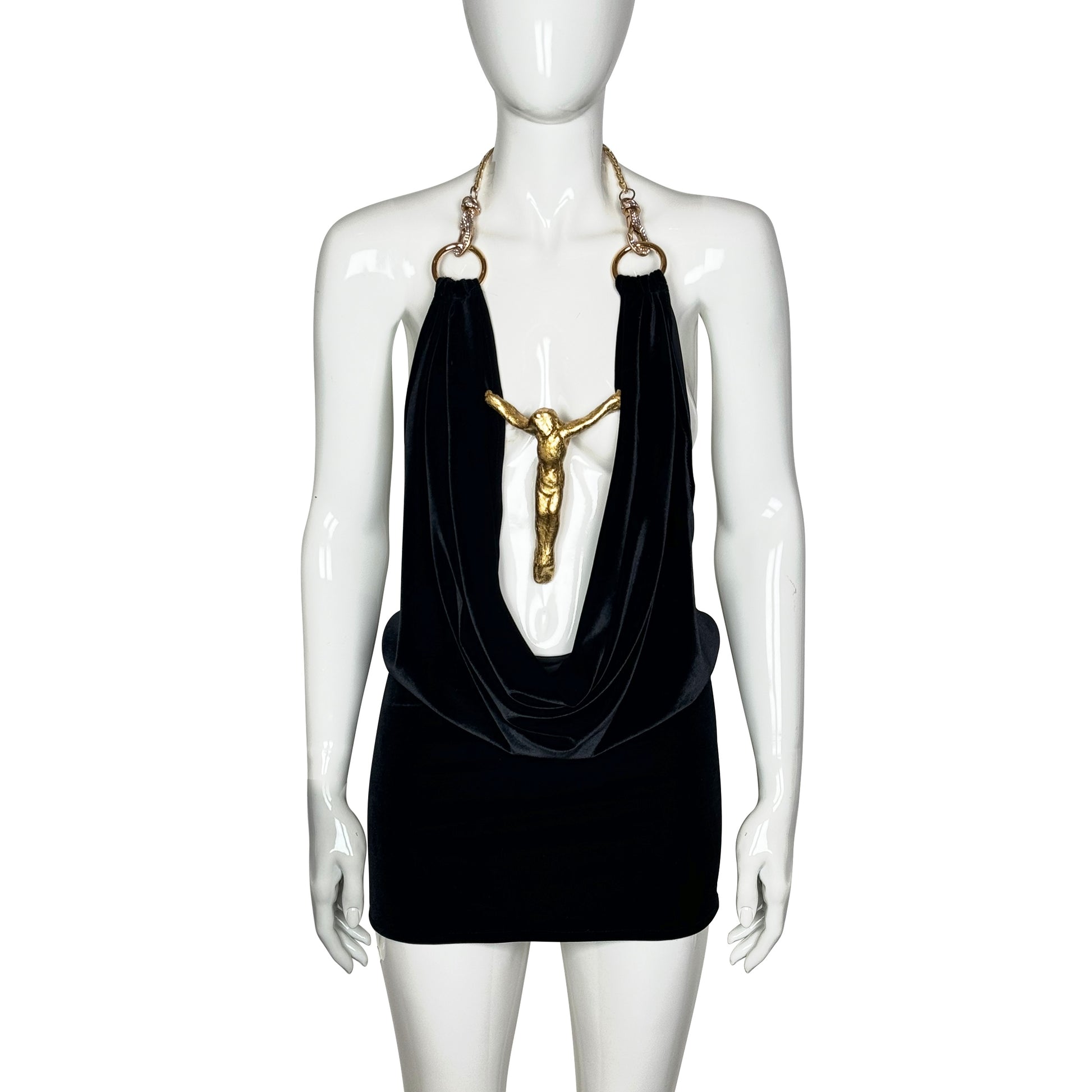 SEKS Gold Leather Golden Jesus Cross Handmade Velvet Chain Mini Dress Front