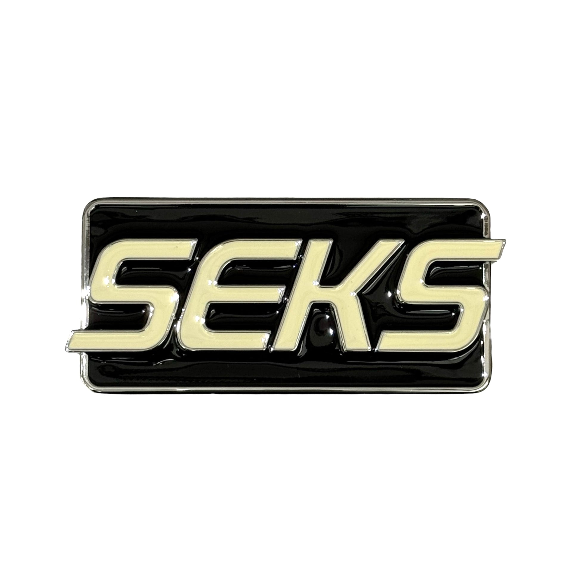 Black SEKS Enamel Text Leather Belt Logo Buckle
