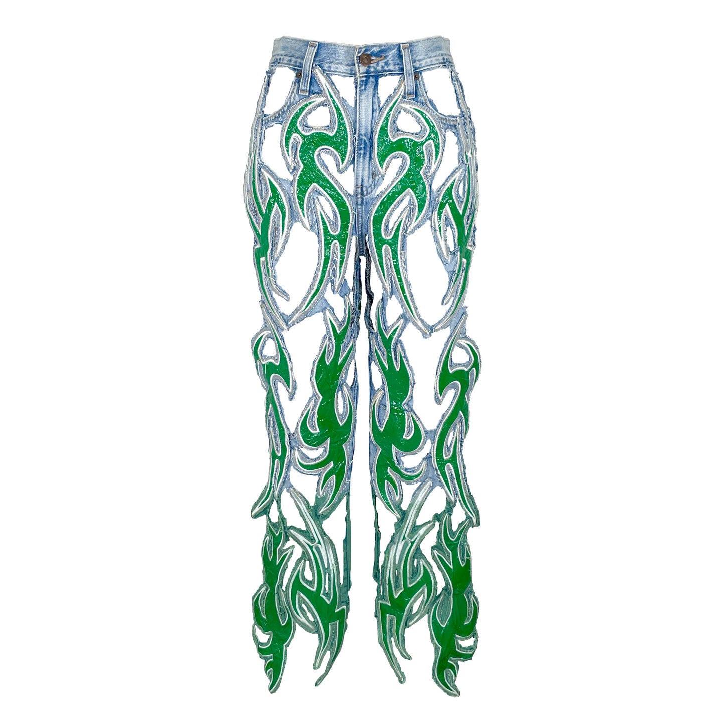 Green Leather and Denim Tribal Pants