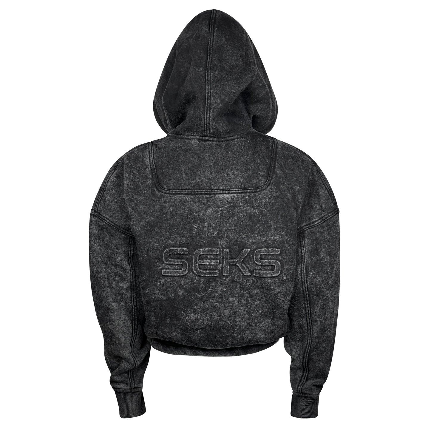 SEKS Suit Washed Sweater Embossed Text Logo Cropped Hoodie Back