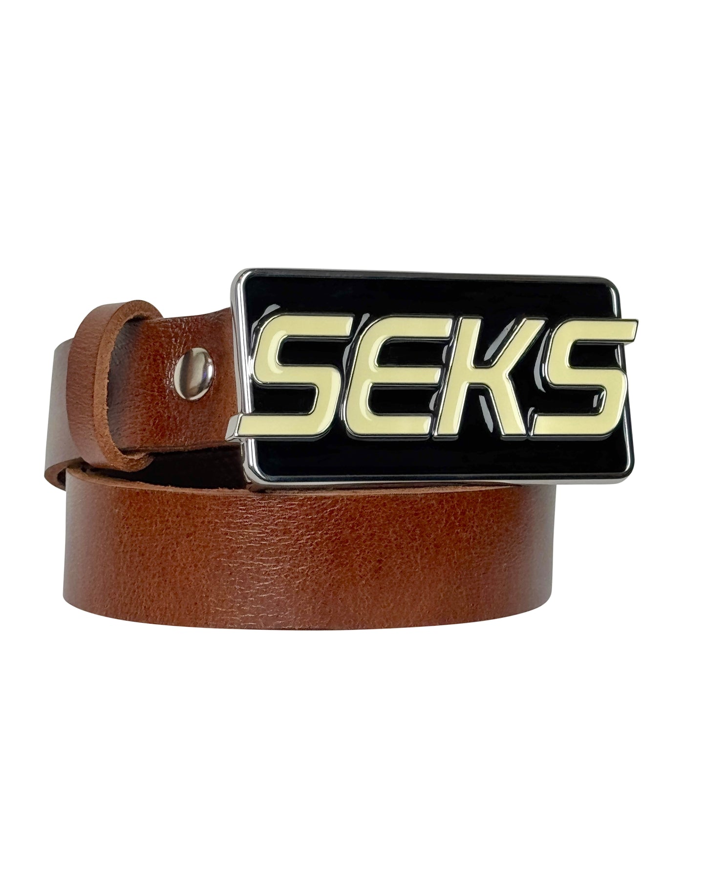Black SEKS Enamel Text Belt Brown