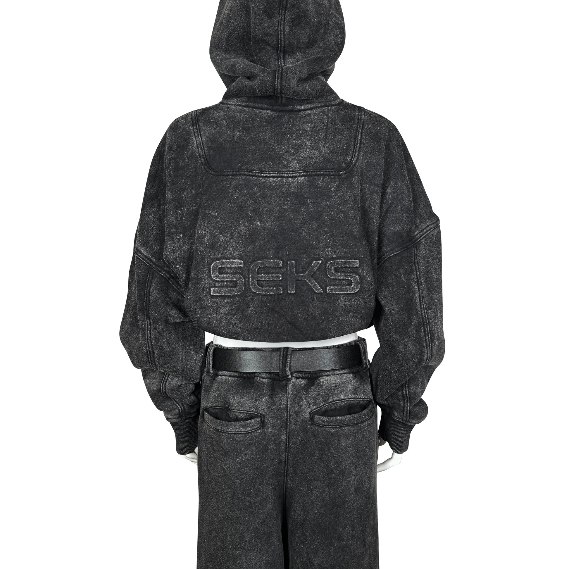 SEKS Suit Washed Sweater Embossed Text Logo Cropped Hoodie Back Close Detail